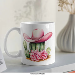 Cactus Cowgirl Mug, Western Pink Hat Coffee Mug, Desert Flower Mug, Unique Ceramic Mug, Cute Novelty Mug, Gift for Her, Southwestern Decor - Tawshia