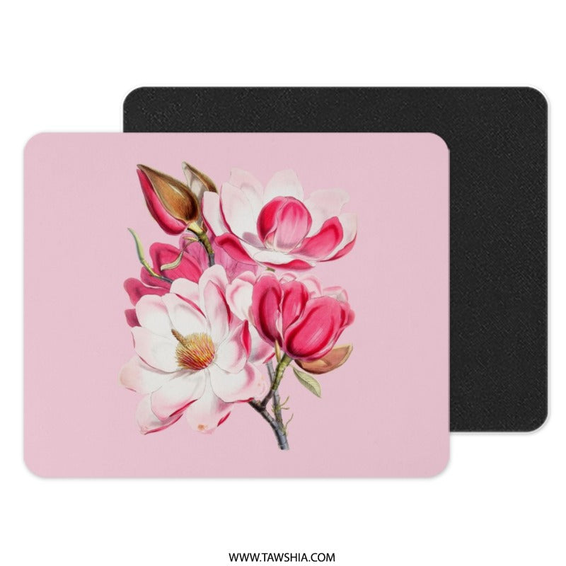Pink Magnolia Mouse Pad, Floral Desk Decor, Botanical Mousepad, Cute Office Gift, Computer Accessory, Flower Illustration Mouse Pads - Tawshia