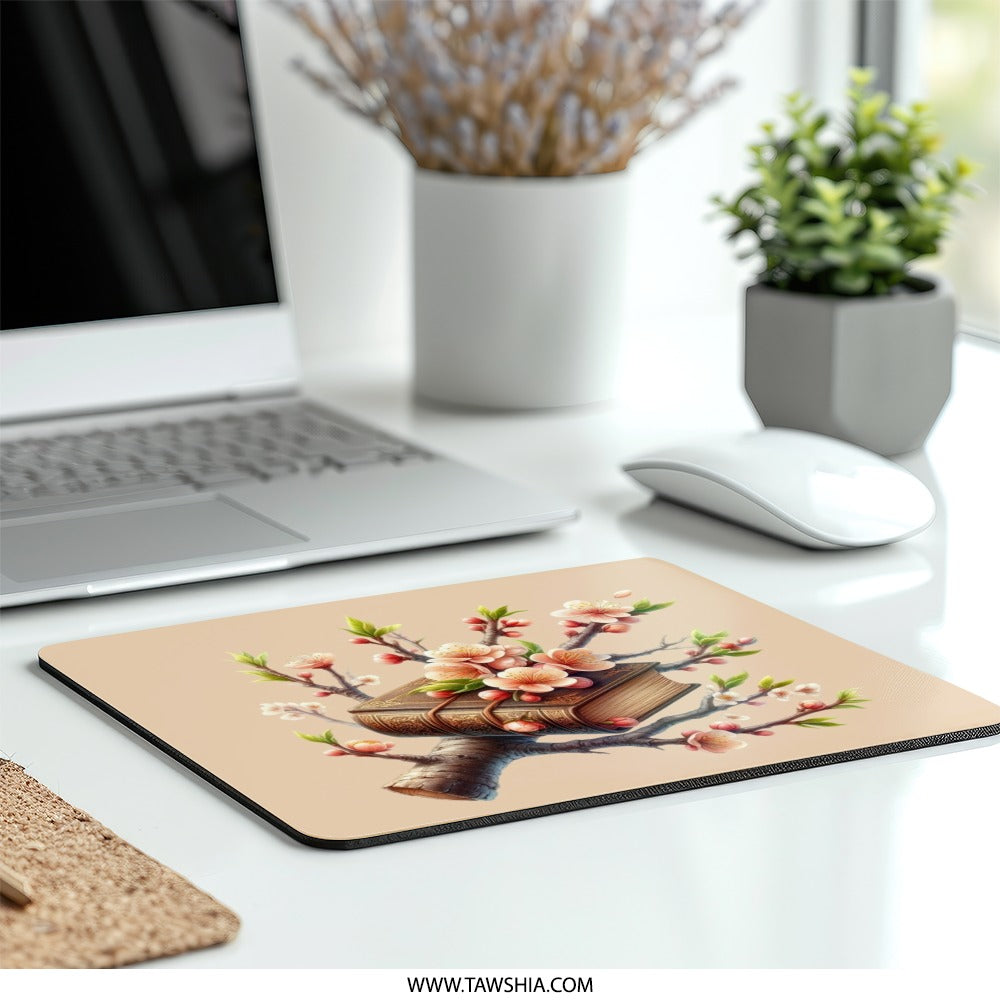 Book and Blossom Mouse Pad, Floral Mousepad, Book Lover Gift, Elegant Office Decor, Peach Blossom, Literary Gift, Unique Mouse Mat - Tawshia