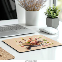 Book and Blossom Mouse Pad, Floral Mousepad, Book Lover Gift, Elegant Office Decor, Peach Blossom, Literary Gift, Unique Mouse Mat - Tawshia