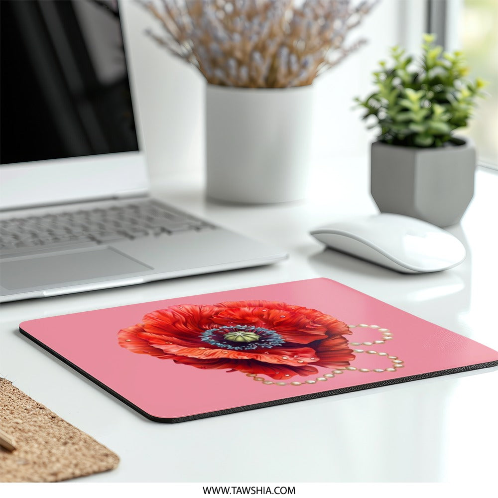 Red Poppy Mouse Pad, Floral Desk Accessory, Flower Art, Pearl Jewelry, Unique Computer Gift, Modern Office Decor, Elegant Desk Pad - Tawshia