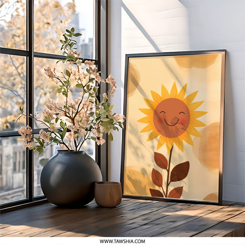 Happy Sunflower Wall Art, Smiling Flower Print, Cute Floral Decor, Nursery Art, Kids Room Decor, Sunshine Gift - Tawshia
