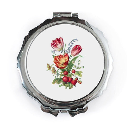 Vintage Tulip Pocket Mirror, Floral Compact Mirror, Strawberry Design Mirror, Flower Gift, Unique Pocket Mirror, Beautiful Makeup Mirror - Tawshia