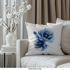 Blue Poppy Flower Pillow, Floral Accent Pillow, Botanical Throw Pillow, Modern Home Decor Pillow, Decorative Pillows for Couch, Soft Square - Tawshia