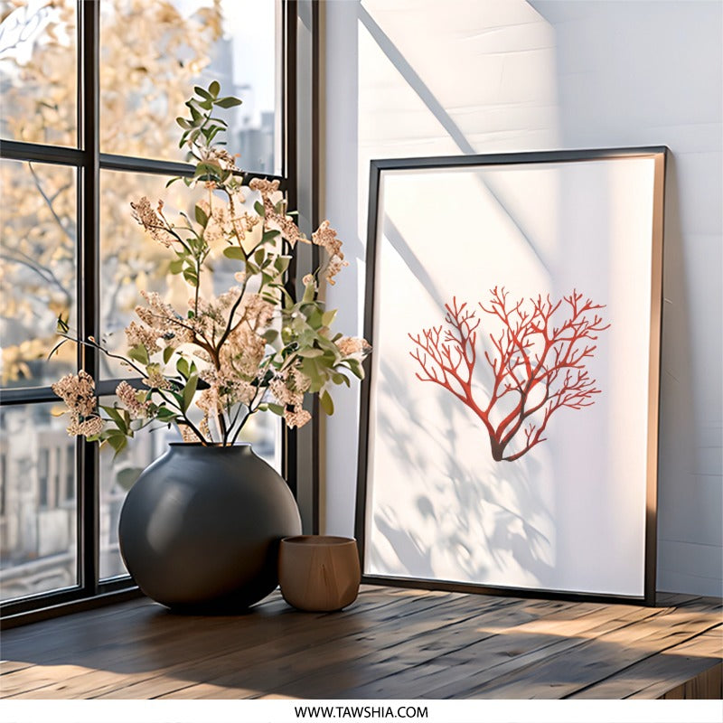 Red Coral Wall Art, Minimalist Print, Coastal Decor, Sea Life Art, Modern Home Decor, Nature Wall Decor, Framed Wall Art - Tawshia