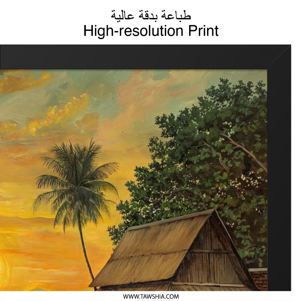 Golden Sunset Wall Art, Tropical House Painting, Rice Field Scenery, Peaceful Landscape Print, Nature Home Decor, Asian Art Print - Tawshia