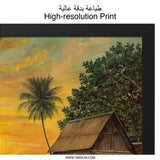 Golden Sunset Wall Art, Tropical House Painting, Rice Field Scenery, Peaceful Landscape Print, Nature Home Decor, Asian Art Print - Tawshia