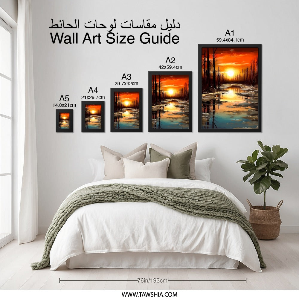Sunset Reflection Wall Art, Landscape Painting Print, Dramatic Sky Artwork, Forest Scene Decor, Nature Inspired Wall Decor - Tawshia