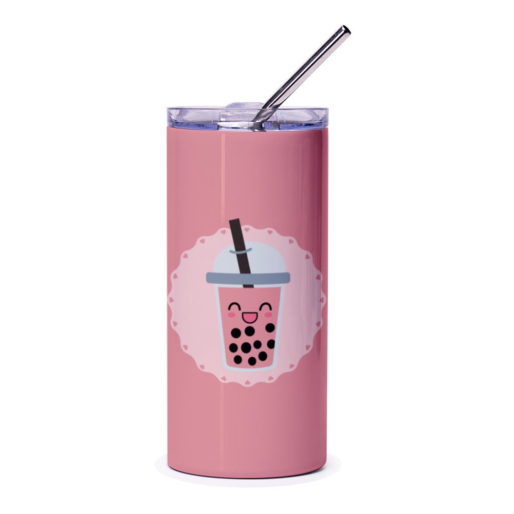 Cute Boba Tea Tumbler, Kawaii Drink Cup, Bubble Tea Lover Gift, Pink Tumbler with Straw, Trendy Drinkware, Unique Tumbler Design - Tawshia