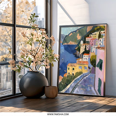 Coastal Village Wall Art, Mediterranean Homes Print, Italy Landscape Painting, Colorful European Architecture Artwork, Seaside Town Scene - Tawshia