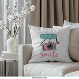 Reason to Smile Pillow, Camera Graphic Pillow, Cute Pillow, Decorative Pillow, Home Decor, Photography Gift, Positive Quote Pillow - Tawshia