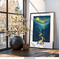 Black Forest Wall Art, Moonlit Landscape Print, Mountain River Scene, Nature Wall Decor, Home Decor Art - Tawshia
