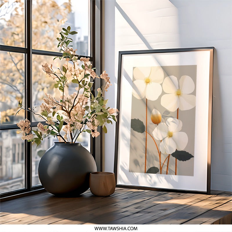 Floral Wall Art, White Flower Print, Botanical Art, Modern Wall Decor, Minimalist Art, Floral Home Decor - Tawshia