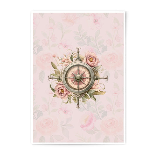 Floral Compass Photographic Print, Nautical Decor, Vintage Compass Art, Rose Flower Illustration, Home Decor, Wall Art, Unique Gift - Tawshia