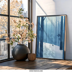 Winter Forest Wall Art, Bird in Snow Scene Print, Minimalist Landscape Artwork, Modern Home Decor, Blue Forest Illustration (138 characters) - Tawshia