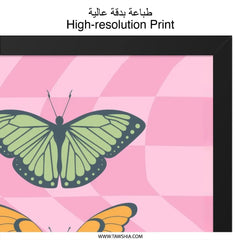 Butterfly Wall Art Print, Pink Checkered Background, Colorful Butterflies, Trendy Wall Decor, Butterfly Illustration - Tawshia