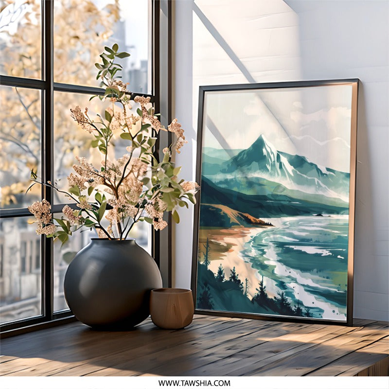 Mountain Ocean Wall Art, Coastal Landscape Print, Abstract Nature Scenery, Home Decor, Modern Art Print, Wall Decor, Framed Wall Art - Tawshia