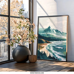 Mountain Ocean Wall Art, Coastal Landscape Print, Abstract Nature Scenery, Home Decor, Modern Art Print, Wall Decor, Framed Wall Art - Tawshia