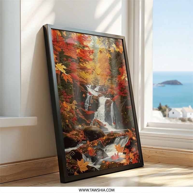Autumn Waterfall Wall Art, Forest Stream Landscape, Fall Foliage Print, Nature Photography Decor, Scenic Wall Decor, Cozy Home Art - Tawshia
