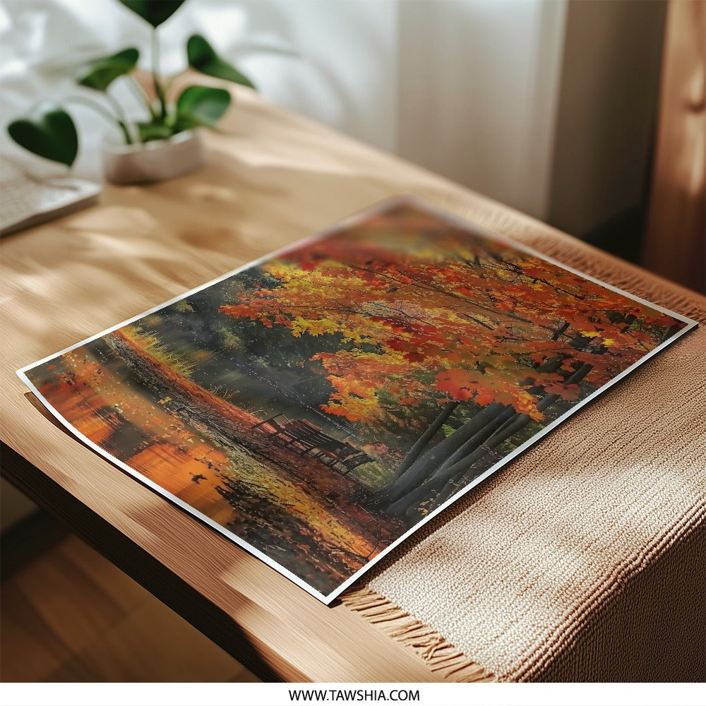 Autumn Reflections Photographic Print, Fall Colors Art, Lake Scene Decor, Cozy Bench Photo, Nature Wall Art, Landscape Photography - Tawshia