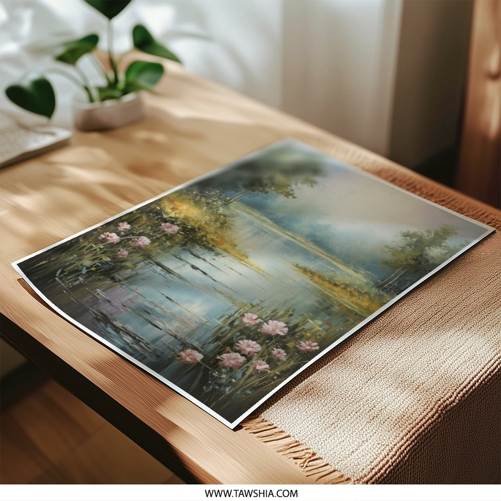 Tranquil Lake Photographic Print, Floral Pond Art, Serene Landscape Photo, Calm Waters Print, Nature Photography, Pink Flowers - Tawshia