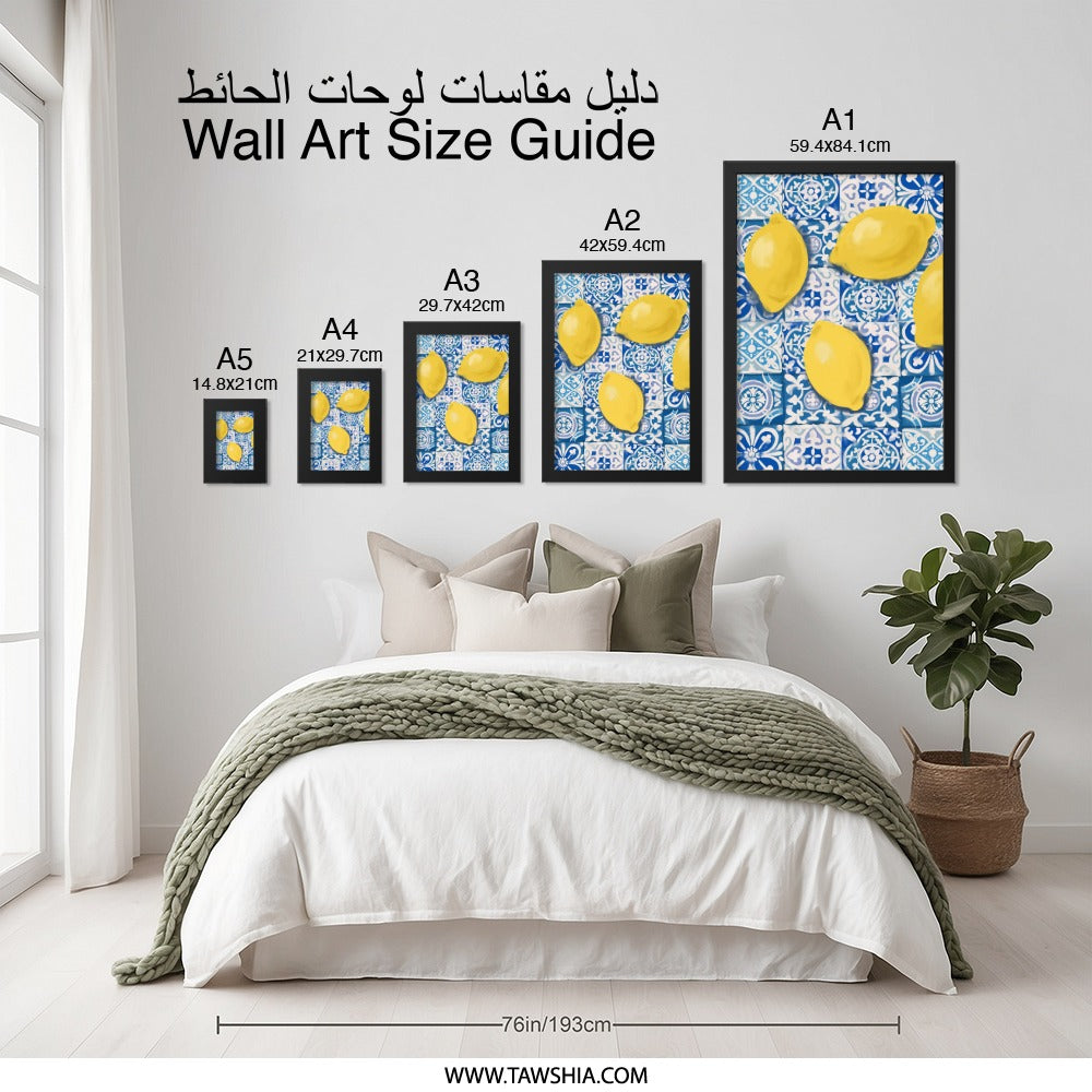 Lemon Wall Art, Kitchen Decor, Tile Background, Citrus Print, Summer Decor, Fruit Wall Decor, Mediterranean Art, Blue and Yellow Wall Art - Tawshia
