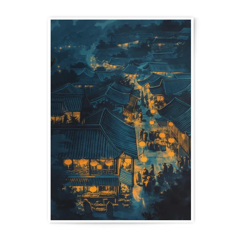 Japanese Village Photographic Print, Asian Architecture Art, Night Scene Decor, Oriental Illustration, Unique Wall Art, Fine Art Print - Tawshia