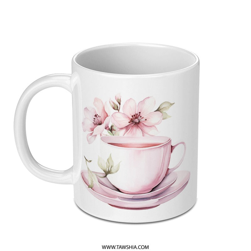 Floral Tea Cup Mug, Watercolor Flower Mug, Pink Tea Cup Coffee Mug, Artistic Drinkware, Elegant Mug, Gift Idea, Tea Lover Gift, Unique Mug - Tawshia
