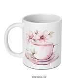 Floral Tea Cup Mug, Watercolor Flower Mug, Pink Tea Cup Coffee Mug, Artistic Drinkware, Elegant Mug, Gift Idea, Tea Lover Gift, Unique Mug - Tawshia