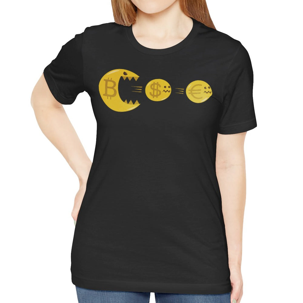 Bitcoin Eating Dollar and Euro Graphic T-shirt