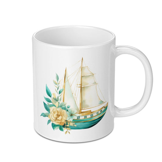 Floral Sailboat Mug, Nautical Coffee Cup, Watercolor Sailing Ship Gift, Ocean Lover Present, Unique Gift for Seafarers, Sea Theme Mug - Tawshia