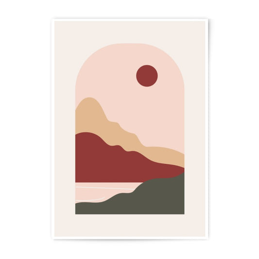 Abstract Landscape Photographic Print, Minimalist Boho Wall Art, Red Sun Mountain Scenery, Modern Home Decor, Printable Art - Tawshia