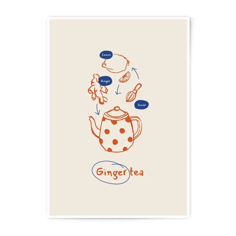 Ginger Tea Recipe Photographic Print, Kitchen Art Print, Lemon Ginger Wall Art, Minimalist Food Art, Tea Lover Gift, Recipe Illustration - Tawshia