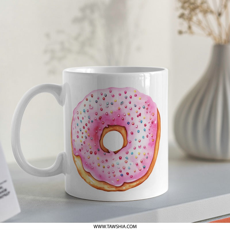 Donut Mug, Pink Sprinkled Donut, Food Mug, Sweet Treat Mug, Unique Mug, Watercolor Mug, Coffee Mug, Tea Mug, Cute Mug, Gift Idea - Tawshia