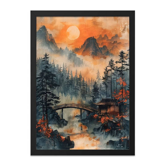 Japanese Landscape Wall Art, Oriental Bridge Print, Asian Scenery Art, Mountain Sunrise Painting, Peaceful Home Decor, Nature Wall Decor - Tawshia