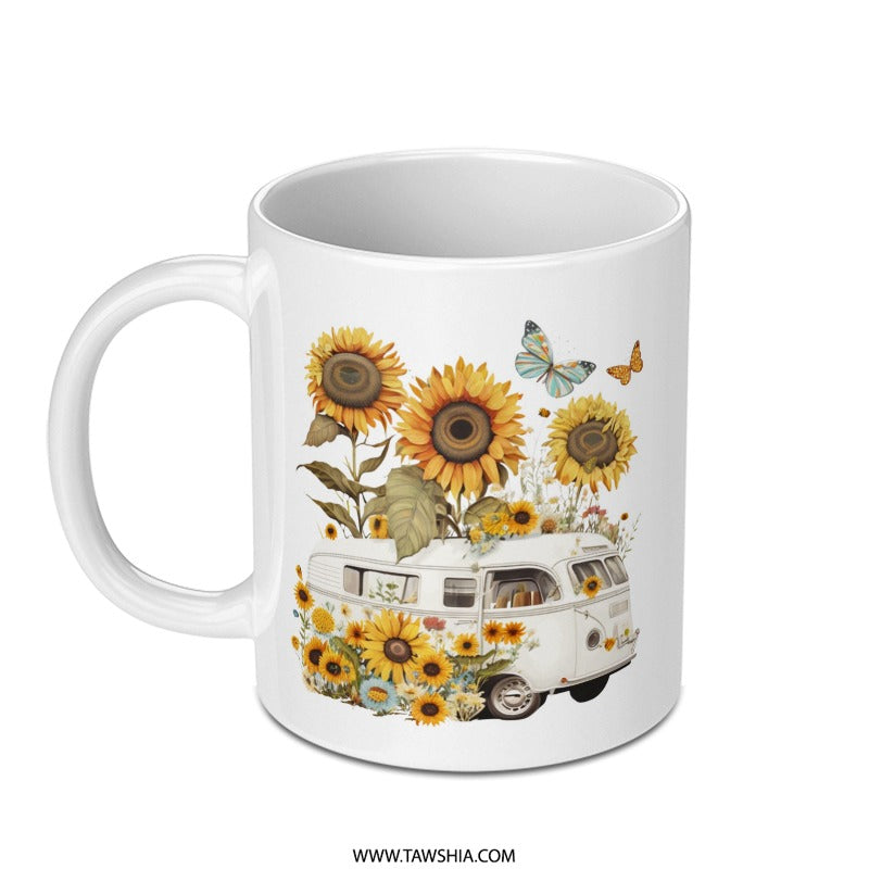 Sunflower VW Van Mug, Boho Hippie Mug, Floral Camper Mug, Cute Butterfly Coffee Mug, Road Trip Gift, Nature Lover Gift, Summer Mug - Tawshia