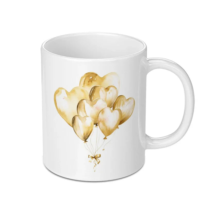 Golden Heart Balloons Mug, Watercolor Balloon Art Coffee Cup, Love Mug Gift, Decorative Mugs, Celebrations, Wedding Mug, Birthday Mug - Tawshia