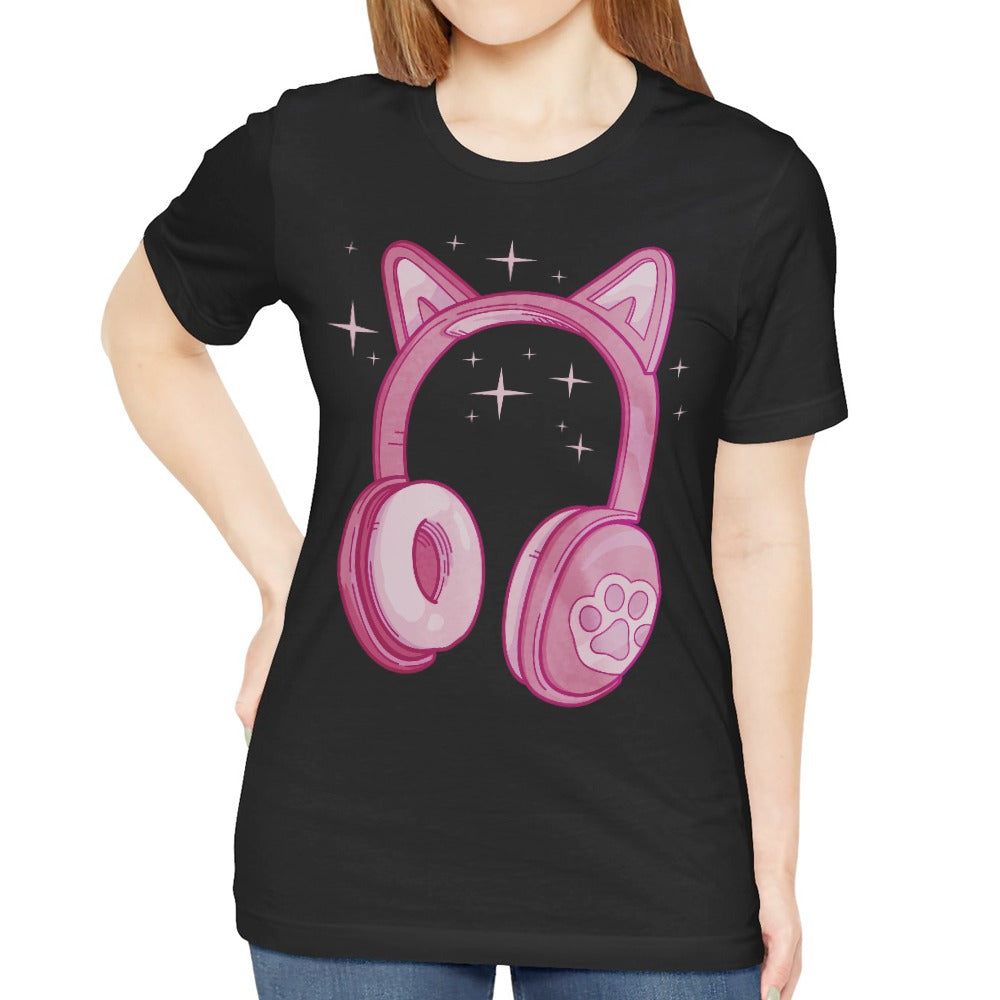 Cute Pink Cat Ear and Headphones Design T Shirt Product