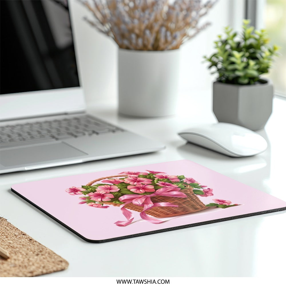 Floral Basket Mouse Pad, Pink Flower Mousepad, Cute Desk Decor, Home Office Accessories, Flower Basket Gift, Pretty Mousepad Gift Idea - Tawshia
