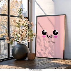 Kawaii Face Wall Art, I Love You Print, Cute Anime Style, Pink Wall Decor, Nursery Art, Kids Room, Modern Art Print, Minimalist - Tawshia