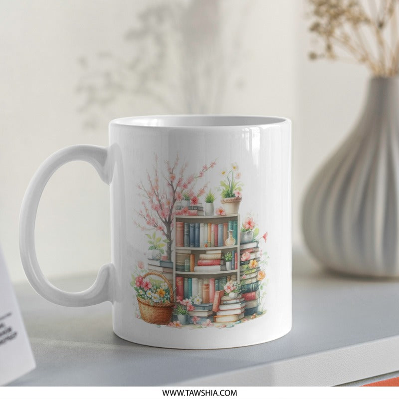 Bookshelf Mug, Floral Mug, Book Lover Gift, Reader Gift, Bookworm Mug, Cozy Mug, Aesthetic Mug, Spring Mug, Books and Flowers Mug - Tawshia