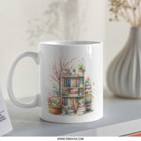 Bookshelf Mug, Floral Mug, Book Lover Gift, Reader Gift, Bookworm Mug, Cozy Mug, Aesthetic Mug, Spring Mug, Books and Flowers Mug - Tawshia