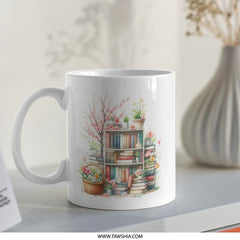 Bookshelf Mug, Floral Mug, Book Lover Gift, Reader Gift, Bookworm Mug, Cozy Mug, Aesthetic Mug, Spring Mug, Books and Flowers Mug - Tawshia