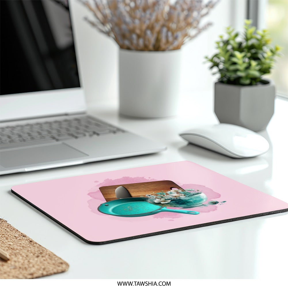 Kitchen Still Life Mouse Pad, Floral Bowl, Frying Pan, Cutting Board, Knife, Watercolor Kitchen Art Desk Accessory, Chef Gift - Tawshia