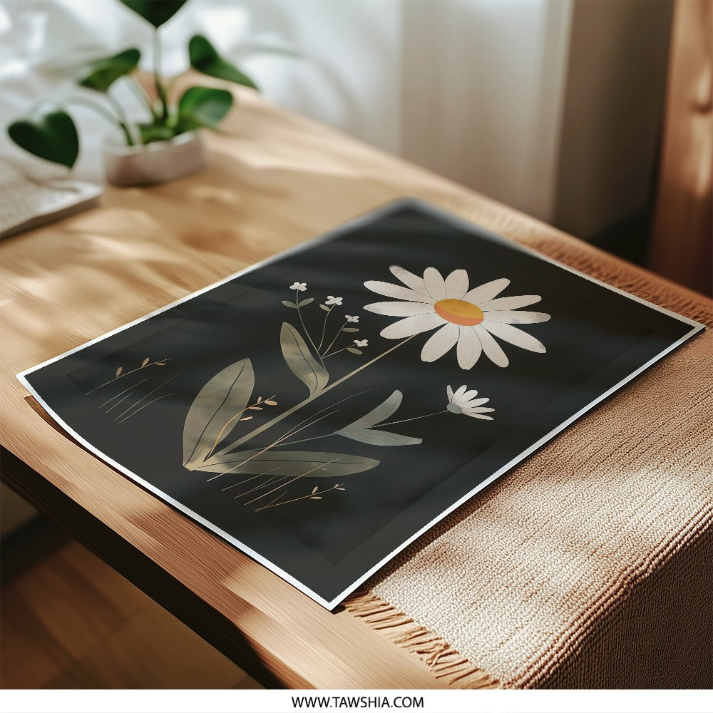 Daisy Photographic Print, Floral Wall Decor, Botanical Art Print, Flower Photo, Home Decor, Black Background, Modern Art, Minimalist Design - Tawshia