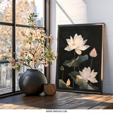 Lotus Wall Art, Floral Print, Botanical Decor, Minimalist Wall Decor, Elegant Flower Art, Black Background, Nature Inspired Art - Tawshia