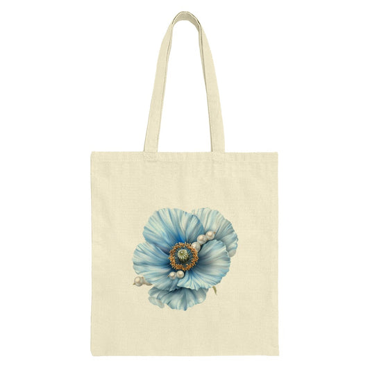 Blue Poppy Tote Bag, Floral Tote, Pearl Accent Tote, Elegant Tote, Stylish Shopping Bag, Flower Gift Idea, Unique Tote Bag - Tawshia
