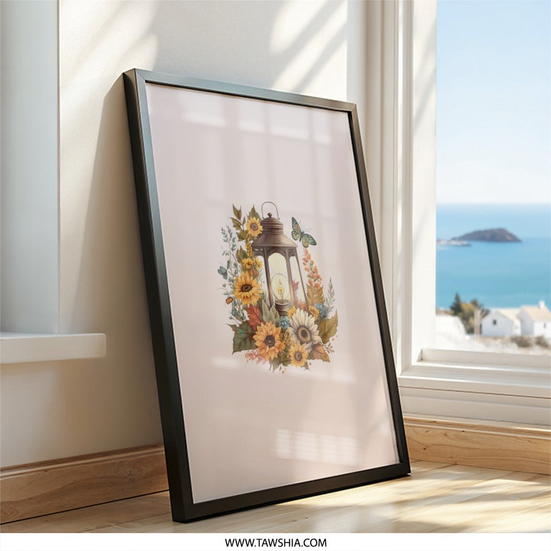 Lantern Wall Art, Sunflower Print, Butterfly Decor, Floral Art Print, Rustic Wall Hanging, Home Decor, Warm Light Art, Nature Inspired - Tawshia