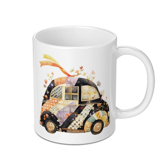 Whimsical Patchwork Car Mug, Cute Vehicle Lover Gift, Unique Novelty Coffee Mug, Floral Automotive Design - Tawshia