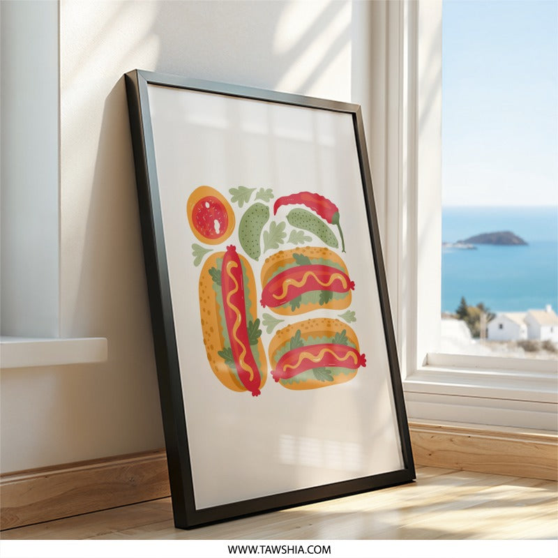 Hot Dog Wall Art, Kitchen Print, Foodie Gift, Restaurant Decor, Sausage Art, Culinary Poster, Funny Food Art, Hotdog Lover Gift - Tawshia